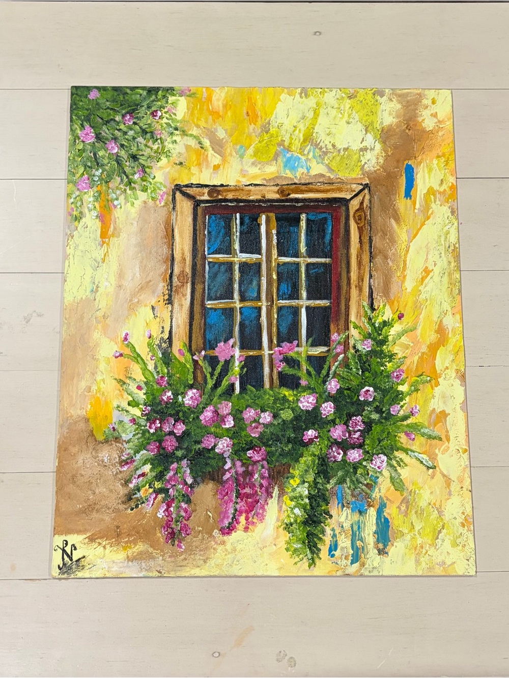 Acrylic Hand-Painted Window Floral rustic Canvas Art - Yellow & Pink